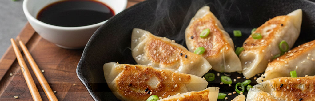 Guiozas recém-cozidos e dourados em uma frigideira de ferro fundido, com vapor subindo, acompanhados de molho shoyu, hashis e ingredientes frescos como cebolinha picada, gengibre e repolho ao fundo. Mostra o resultado final apetitoso da receita.