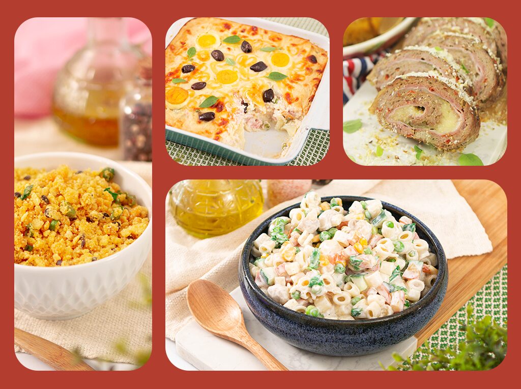 foto ilustrativa com receitas de natal, receitas simples de farofa de maracuja, batata gratinada recheada, rocambole de carne moida e salada de macarrao super simples para as festas de final de ano